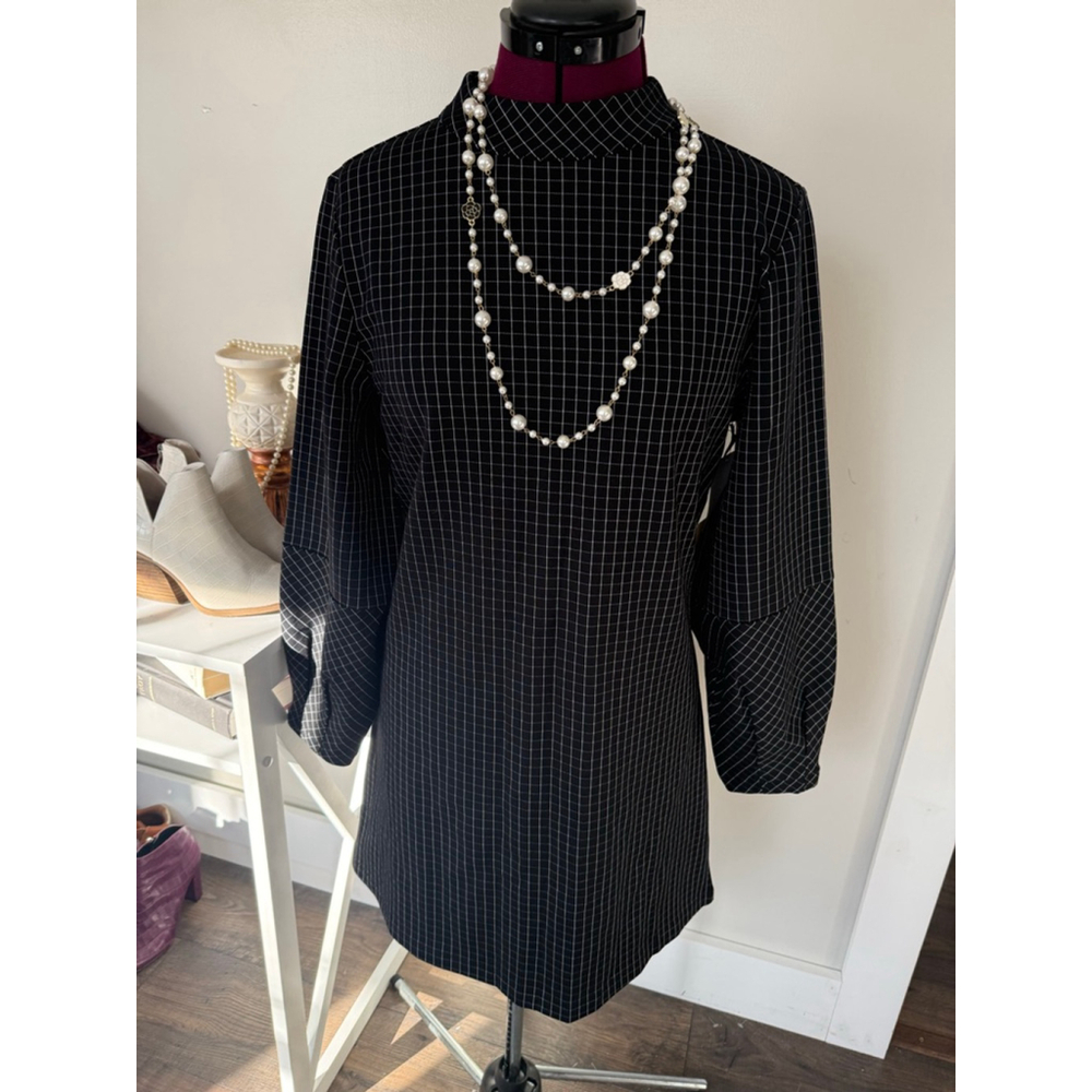 New Halogen Windowpane Long Sleeve Dress Holidays Christmas Small